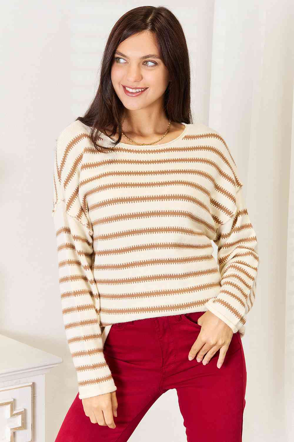 Light Gray Double Take Striped Boat Neck Sweater Sentient Beauty Fashions Apparel & Accessories