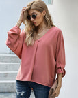 Gray V-Neck Roll-Tab Sleeve Blouse Sentient Beauty Fashions tops