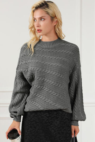 Dark Slate Gray Cable-Knit Mock Neck Dropped Shoulder Sweater Sentient Beauty Fashions Apparel &amp; Accessories