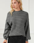 Dark Slate Gray Cable-Knit Mock Neck Dropped Shoulder Sweater Sentient Beauty Fashions Apparel & Accessories