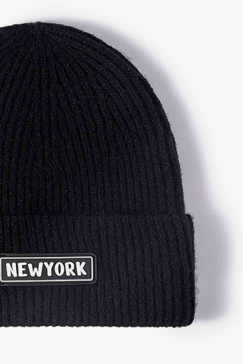 Black NEWYORK Patch Rib-Knit Cuffed Beanie