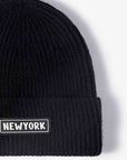 Black NEWYORK Patch Rib-Knit Cuffed Beanie