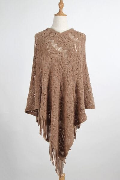 Light Gray Fringe Openwork Surplice Cape Sleeve Poncho