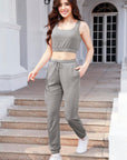 Gray Waffle-Knit Cropped Tank and Drawstring Pants Set