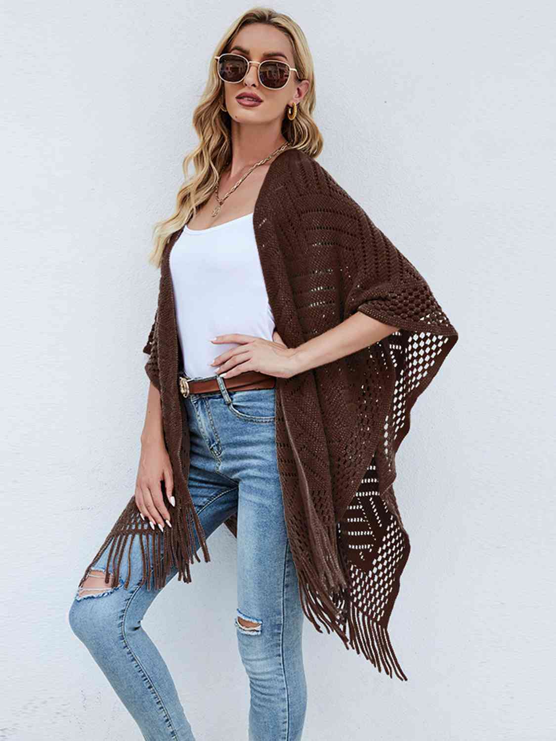 Light Gray Fringe Hem Open Front Poncho Sentient Beauty Fashions Apparel & Accessories