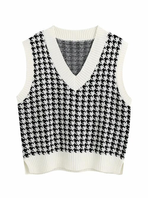 Black Houndstooth V-Neck Sweater Vet