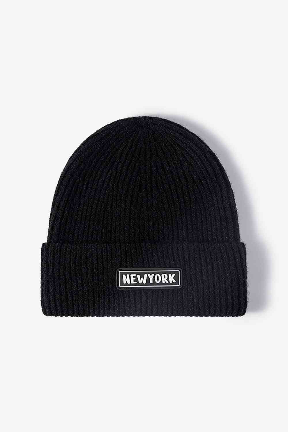 White Smoke NEWYORK Patch Rib-Knit Cuffed Beanie