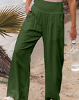 Tan Full Size Smocked Waist Wide Leg Pants Sentient Beauty Fashions Apparel & Accessories