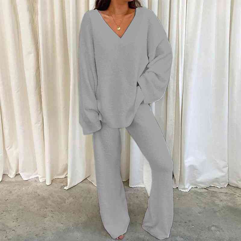 Gray V-Neck Long Sleeve Top and Long Pants Set Sentient Beauty Fashions Apparel &amp; Accessories