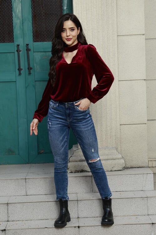 Dark Gray Cutout Puff Sleeve Velvet Blouse