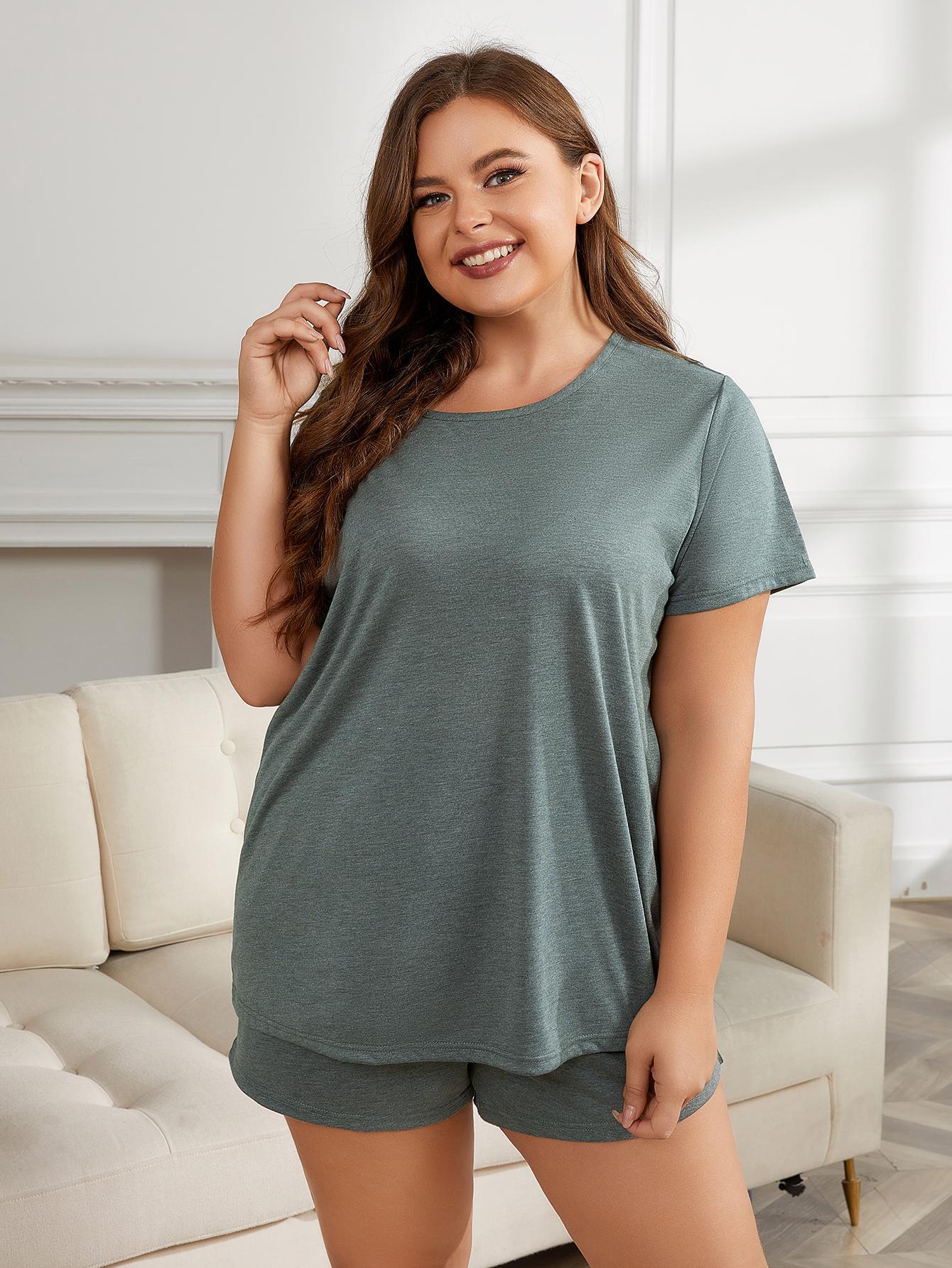 Gray Plus Size Round Neck Short Sleeve Two-Piece Loungewear Set Sentient Beauty Fashions Apparel &amp; Accessories
