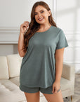 Gray Plus Size Round Neck Short Sleeve Two-Piece Loungewear Set