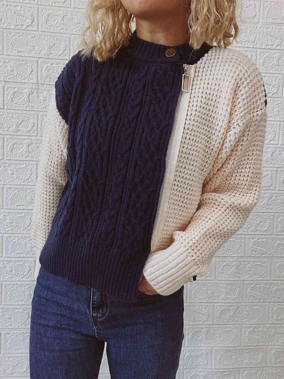 Gray Cable-Knit Contrast Zip-Up Cardigan