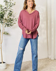 Light Gray Culture Code Full Size V-Neck Exposed Seam Long Sleeve Blouse Sentient Beauty Fashions Apparel & Accessories