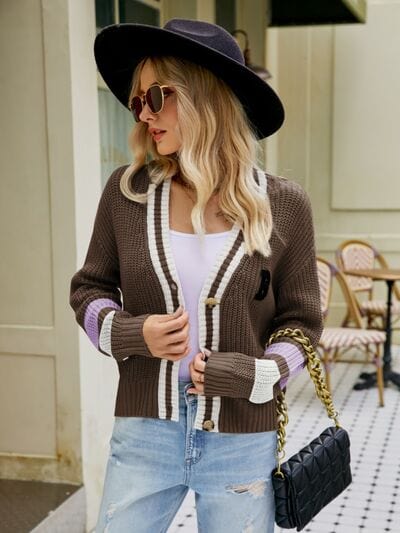 Rosy Brown Contrast Button Up Dropped Shoulder Cardigan