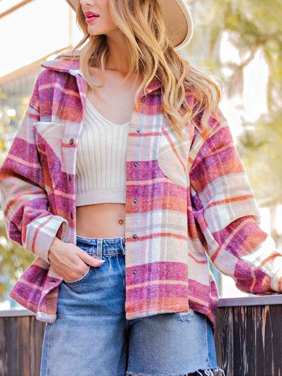 Gray Snap Up Plaid Collared Neck Jacket with Pocket