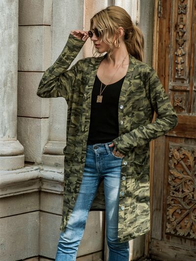 Dark Olive Green Camouflage Button Up Long Sleeve Cardigan Sentient Beauty Fashions Apparel &amp; Accessories
