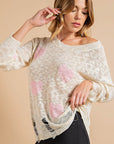 Tan Kori America Heart Pattern Distressed Sweater Sentient Beauty Fashions Apparel & Accessories