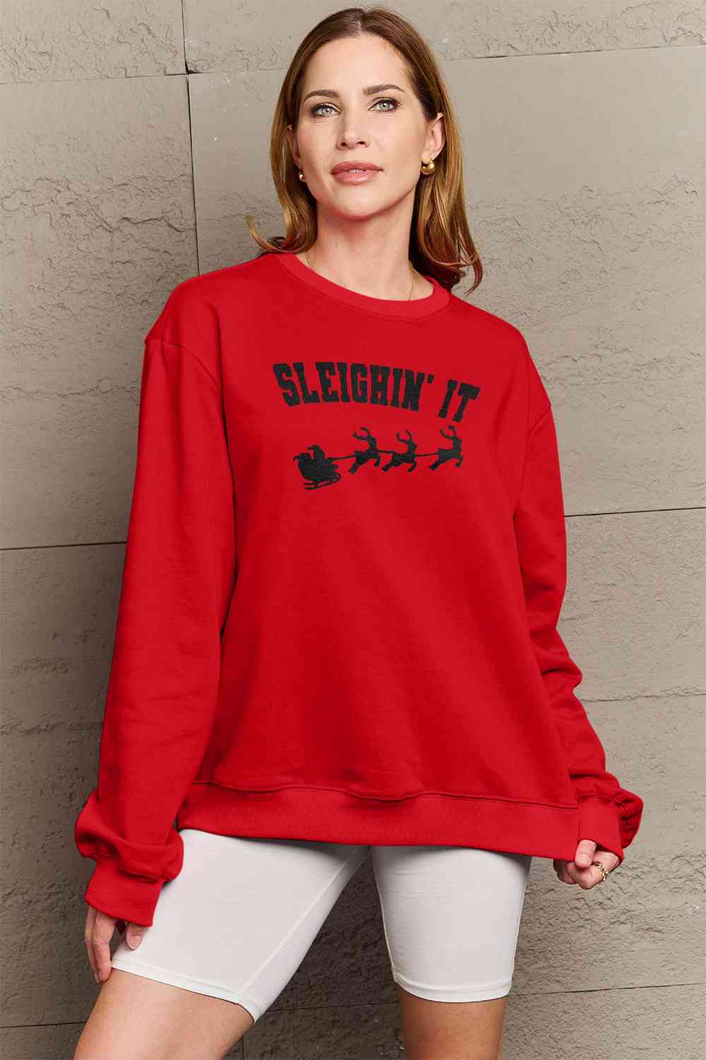 Rosy Brown Simply Love Full Size SLEIGHIN' IT Graphic Sweatshirt Sentient Beauty Fashions Apparel & Accessories