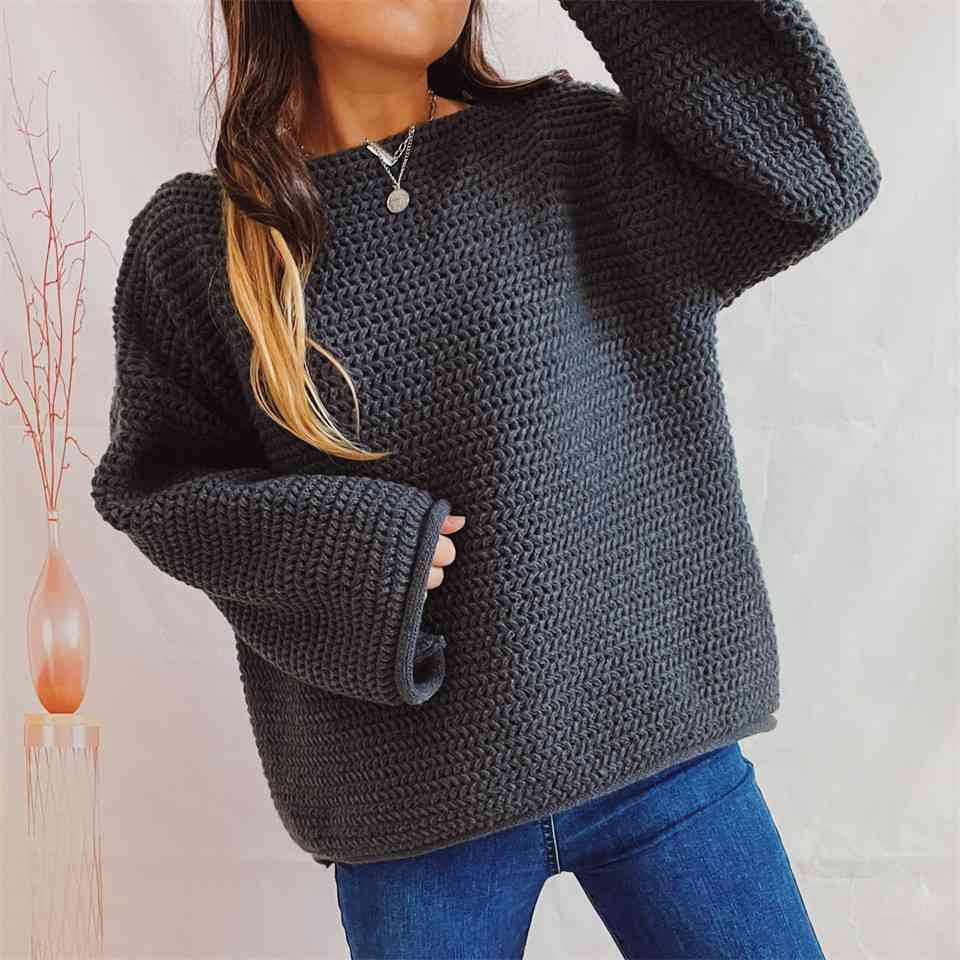 Gray Openwork Boat Neck Long Sleeve Sweater