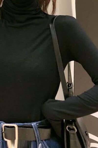 Black Lettuce Hem Mock Neck Long Sleeve T-Shirt Sentient Beauty Fashions Apparel & Accessories