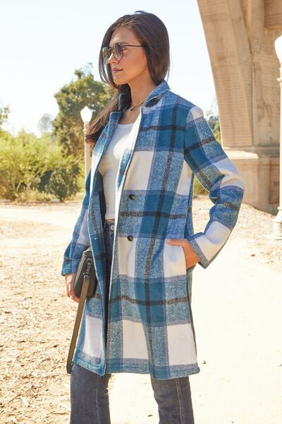 Light Gray Double Take Full Size Plaid Button Up Lapel Collar Coat Sentient Beauty Fashions Apparel & Accessories