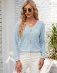 Gray Decorative Button Openwork V-Neck T-Shirt