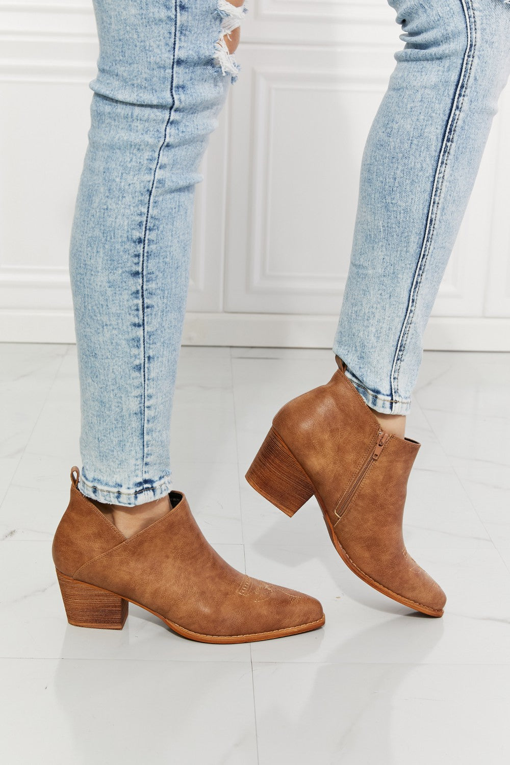 Light Gray MMShoes Trust Yourself Embroidered Crossover Cowboy Bootie in Caramel