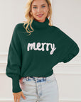 Dark Slate Gray Merry Letter Embroidered High Neck Sweater Sentient Beauty Fashions Apparel & Accessories