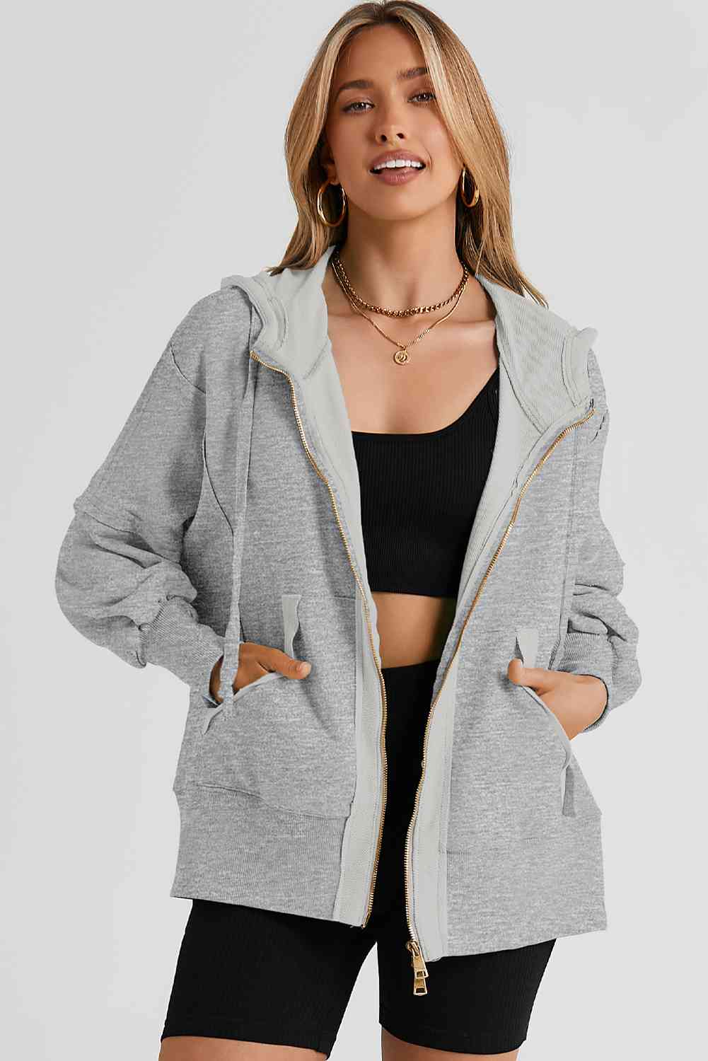 Light Gray Zip Up Long Sleeve Drawstring Hoodie