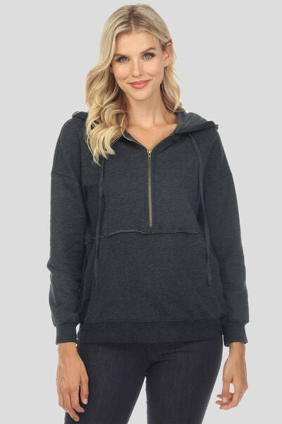 Light Gray Drawstring Half Zip Dropped Shoulder Hoodie Sentient Beauty Fashions Apparel & Accessories