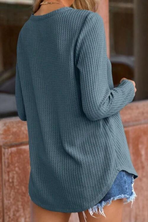 Dark Slate Gray Waffle-Knit Notched Long Sleeve Blouse Sentient Beauty Fashions Apparel &amp; Accessories