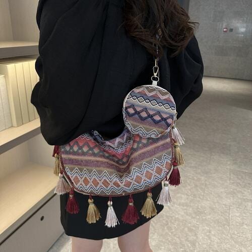 Dark Slate Gray Printed Tassel Detail Crossbody Bag with Small Purse