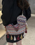 Dark Slate Gray Printed Tassel Detail Crossbody Bag with Small Purse