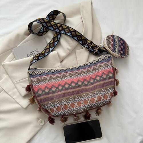 Gray Printed Tassel Detail Crossbody Bag with Small Purse