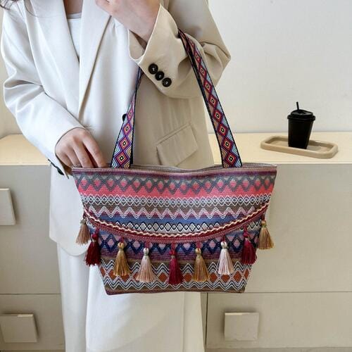 Gray Printed Tassel Detail Tote Bag