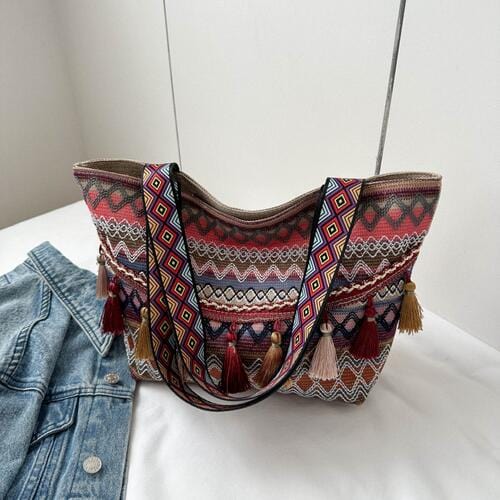 Light Gray Printed Tassel Detail Tote Bag