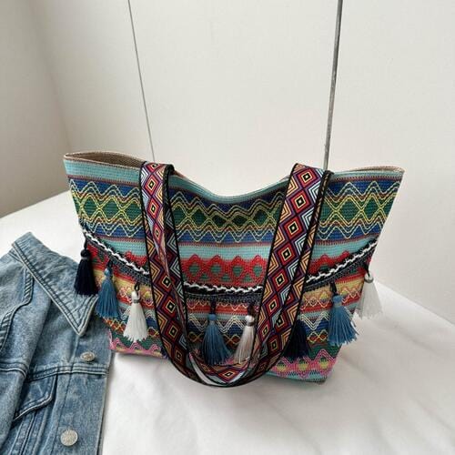 Light Gray Printed Tassel Detail Tote Bag