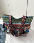 Light Gray Printed Tassel Detail Tote Bag