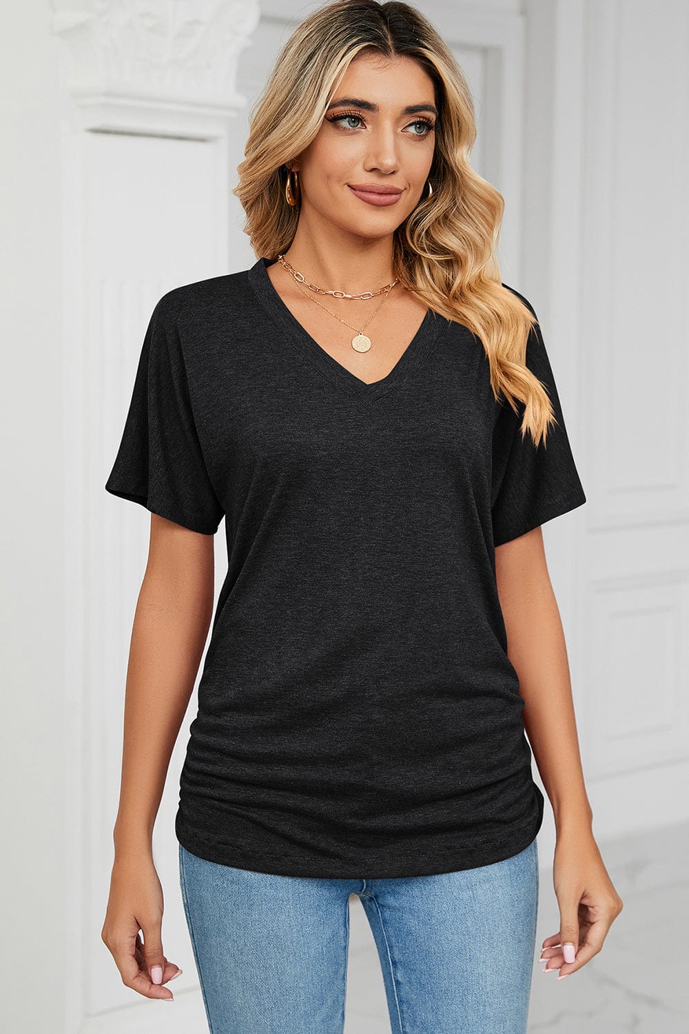 Dark Slate Gray Ruched V-Neck Short Sleeve T-Shirt