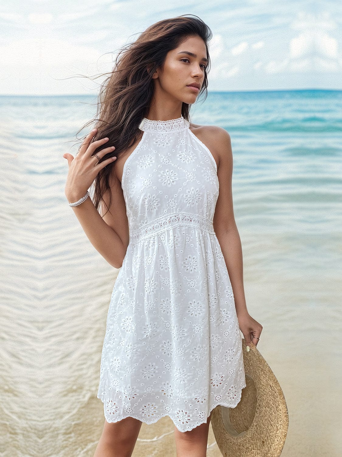 Light Gray Eyelet Grecian Neck Mini Dress