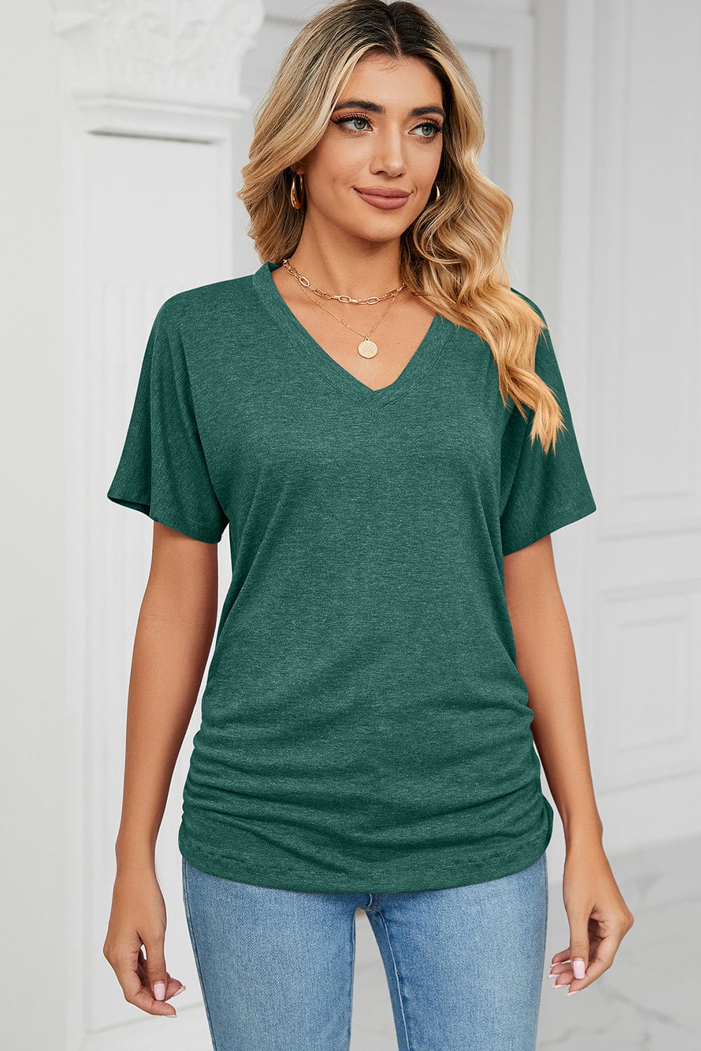 Dark Slate Gray Ruched V-Neck Short Sleeve T-Shirt