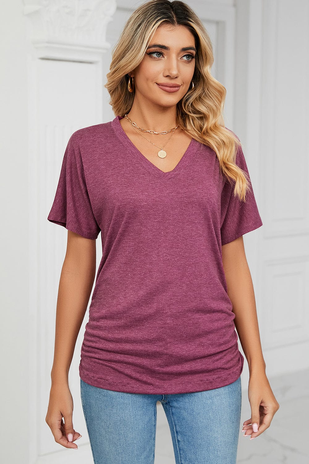 Light Gray Ruched V-Neck Short Sleeve T-Shirt