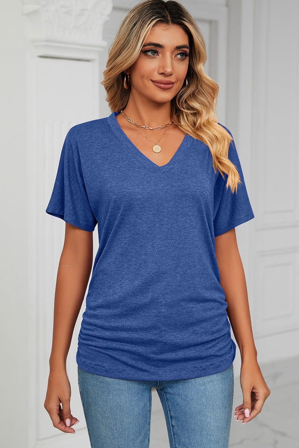 Dark Slate Blue Ruched V-Neck Short Sleeve T-Shirt