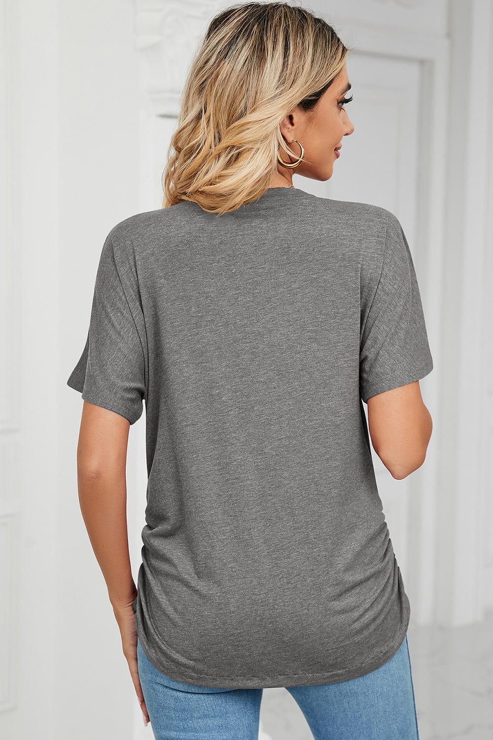 Gray Ruched V-Neck Short Sleeve T-Shirt