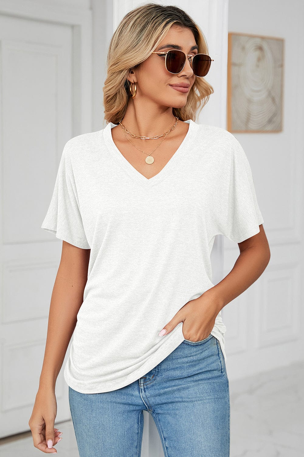 Light Gray Ruched V-Neck Short Sleeve T-Shirt