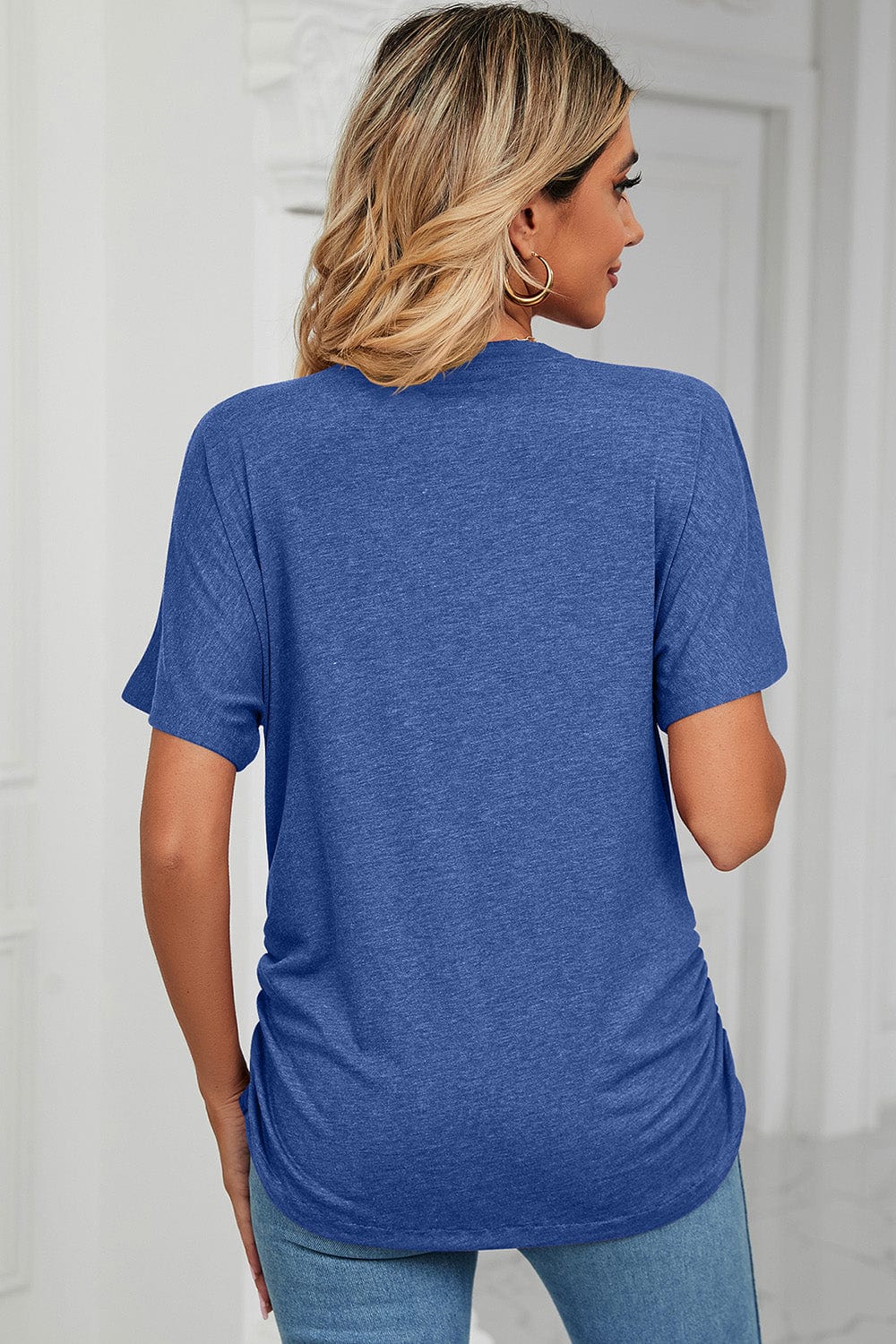 Dark Slate Blue Ruched V-Neck Short Sleeve T-Shirt