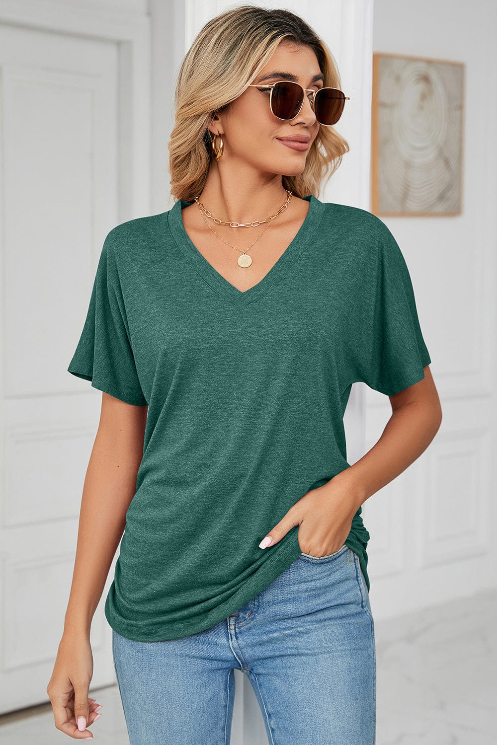 Gray Ruched V-Neck Short Sleeve T-Shirt