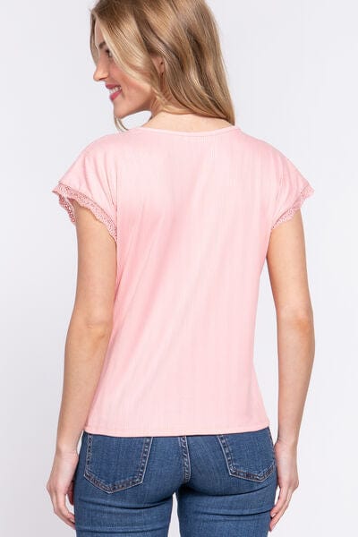 Misty Rose ACTIVE BASIC Lace Trim V-Neck Short Sleeve Ribbed Top