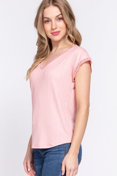 Misty Rose ACTIVE BASIC Lace Trim V-Neck Short Sleeve Ribbed Top